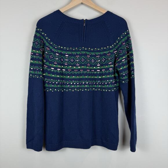 Talbots Jeweled Sweater Womens Large Petite Blue Fair Isle Crewneck Rhinestones - Picture 4 of 8